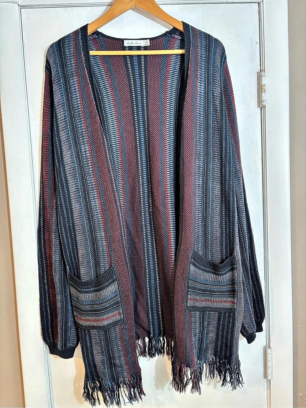 Another Love Striped Fringe Cardigan in Res, Black & Blue Size Medium